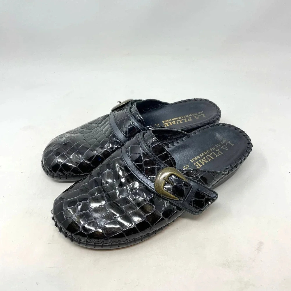 La Plume Judy Black Patent Leather‎ Crocodile Clog Mules Size 36 / US 6